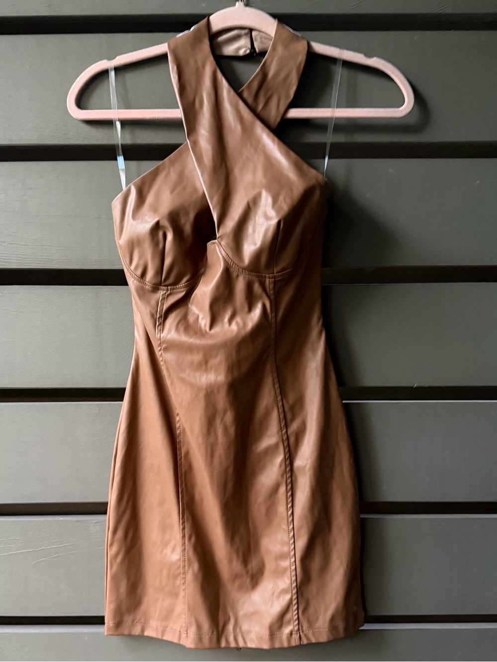 Faux Leather Halter Mini Dress in Brown